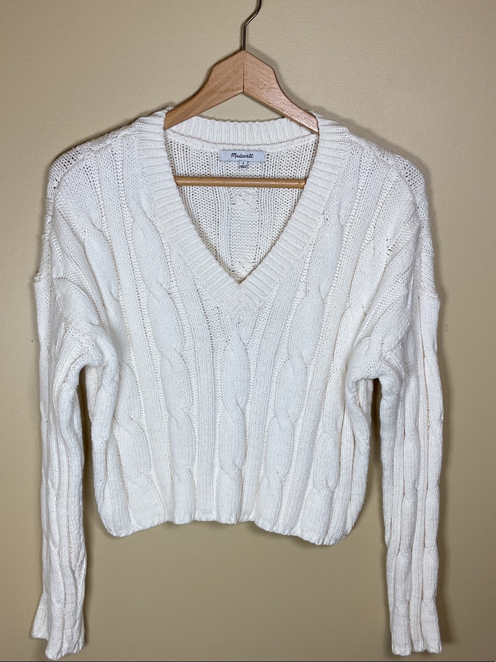 Madewell Cream Cable-Knit V-Neck Drop Sleeve  Sweater Size 2